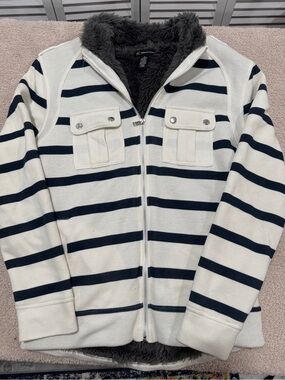 INC International Concepts Faux Fur Lined Zip Jacket White Navy Striped M